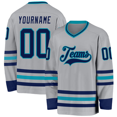 Custom Gray Navy-Teal Hockey Jersey