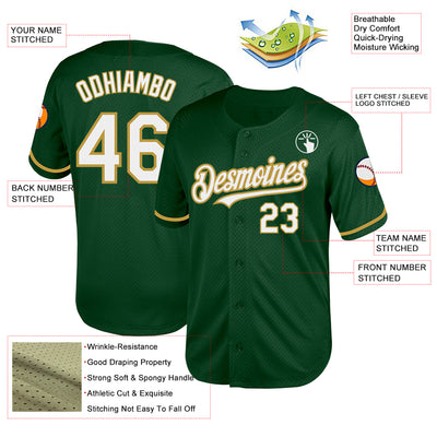 Custom Green White-Old Gold Mesh Authentic Throwback Baseball Jersey