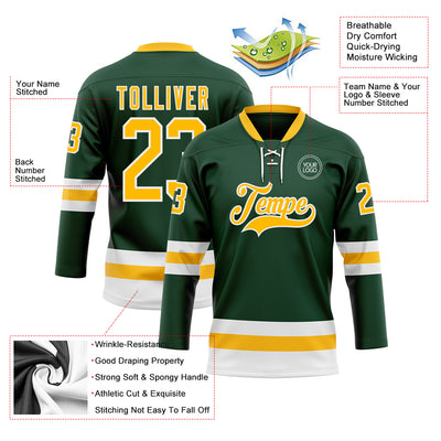 Custom Green Gold-White Hockey Lace Neck Jersey