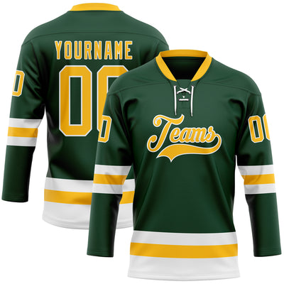 Custom Green Gold-White Hockey Lace Neck Jersey