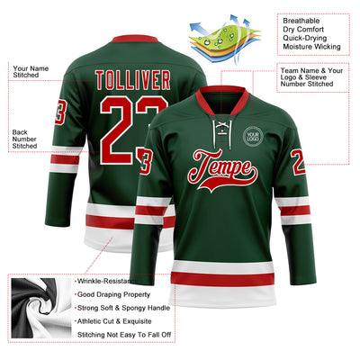 Custom Green Red-White Hockey Lace Neck Jersey