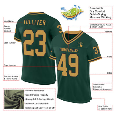 Custom Green Old Gold-Black Mesh Authentic Throwback Football Jersey