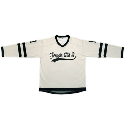 Custom Cream Black Damon Darling Strugglin Wid It Slogan BUB Hockey Jersey