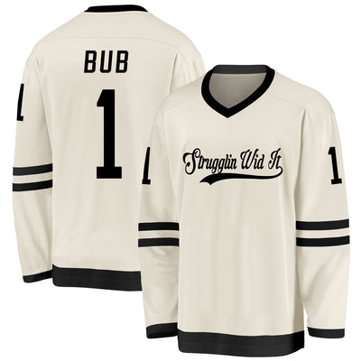 Custom Cream Black Damon Darling Strugglin Wid It Slogan BUB Hockey Jersey