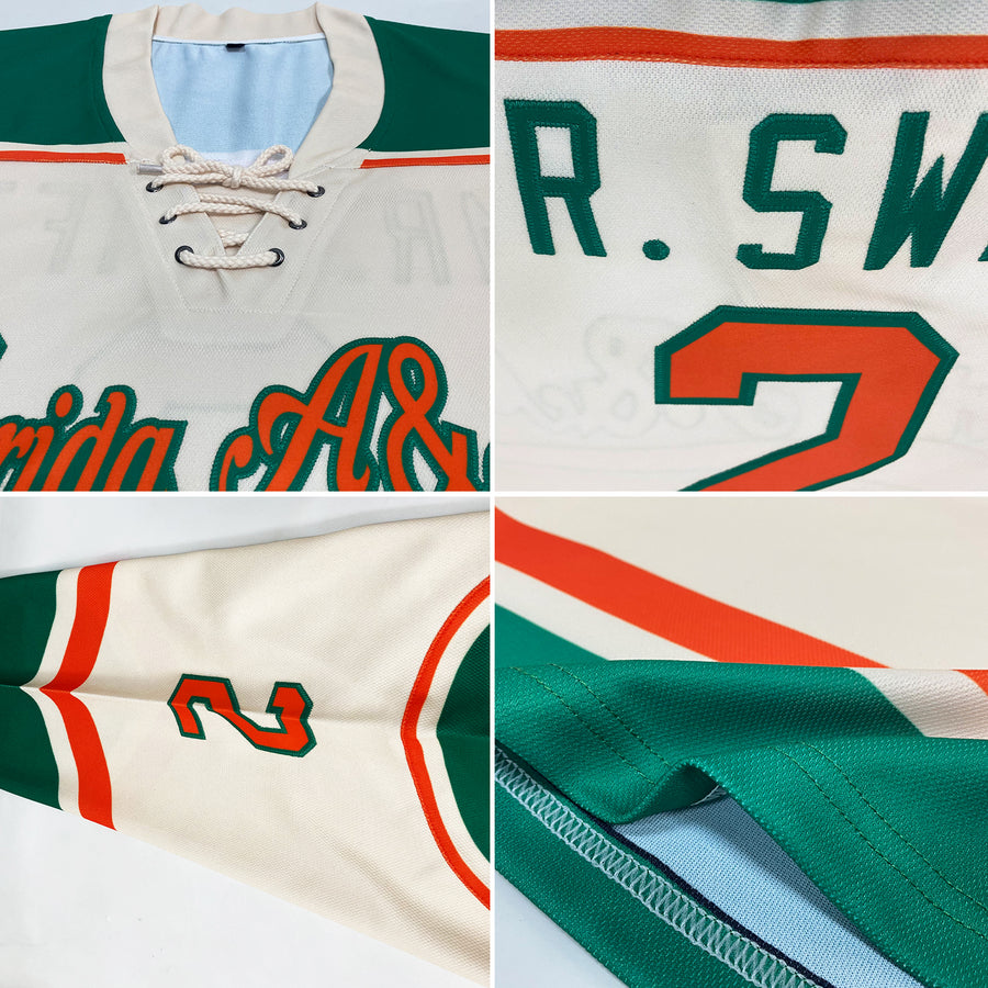 Custom Cream Orange-Kelly Green Hockey Lace Neck Jersey