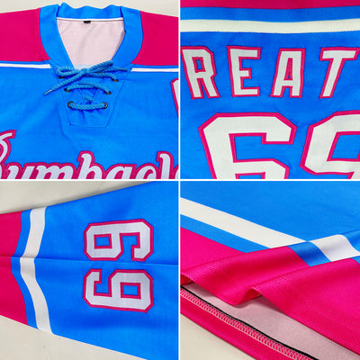 Custom Sky Blue White-Pink Hockey Lace Neck Jersey