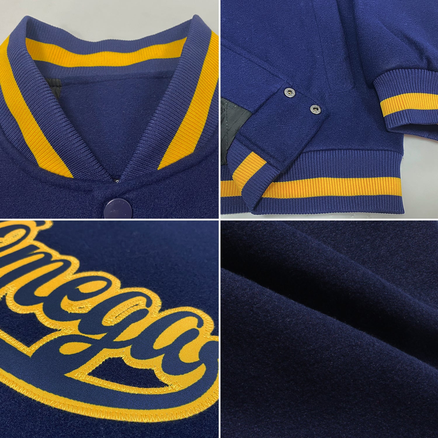 Custom Navy Navy-Gold Bomber Full-Snap Varsity Letterman Jacket