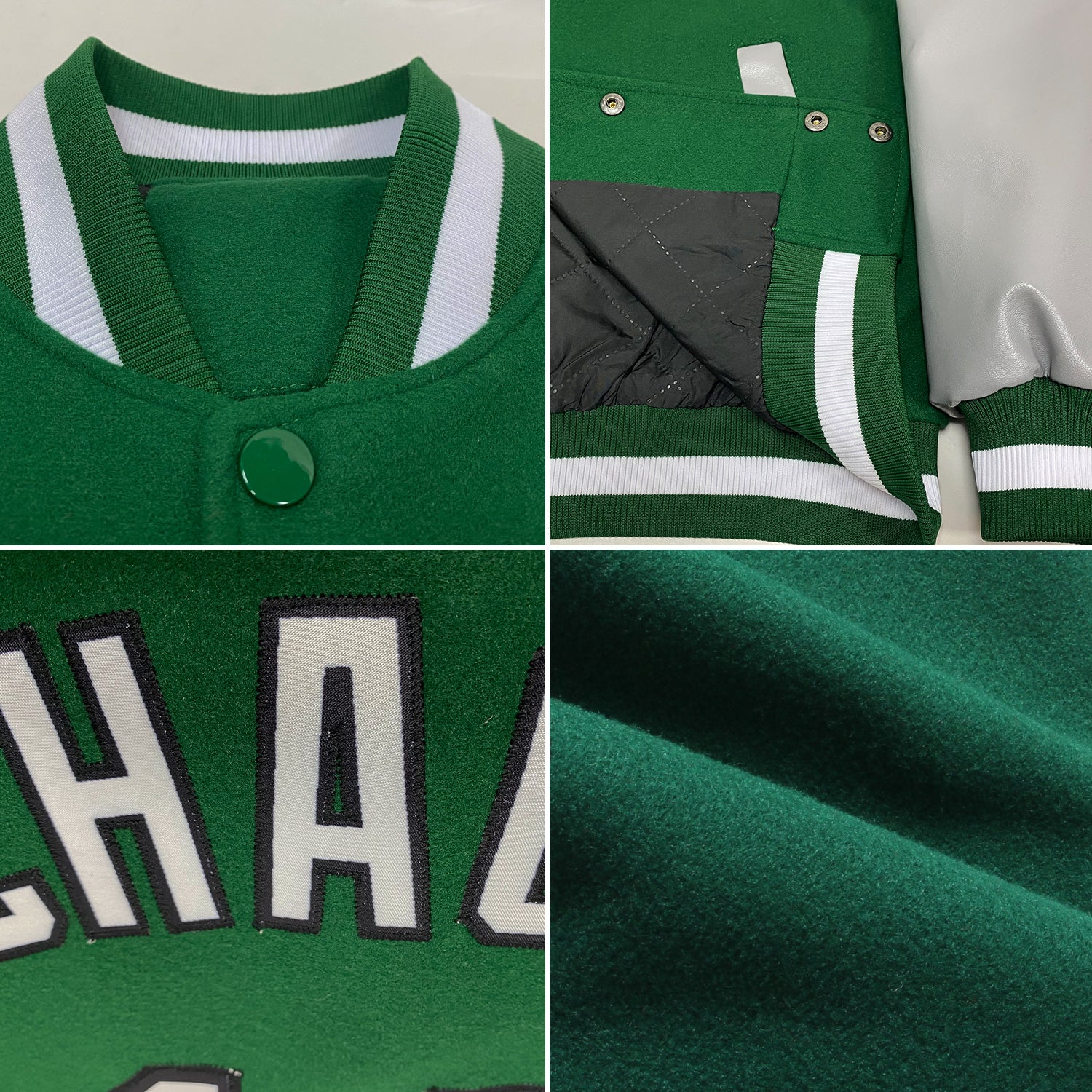 Custom Kelly Green White-Gray Bomber Full-Snap Varsity Letterman Two Tone Jacket