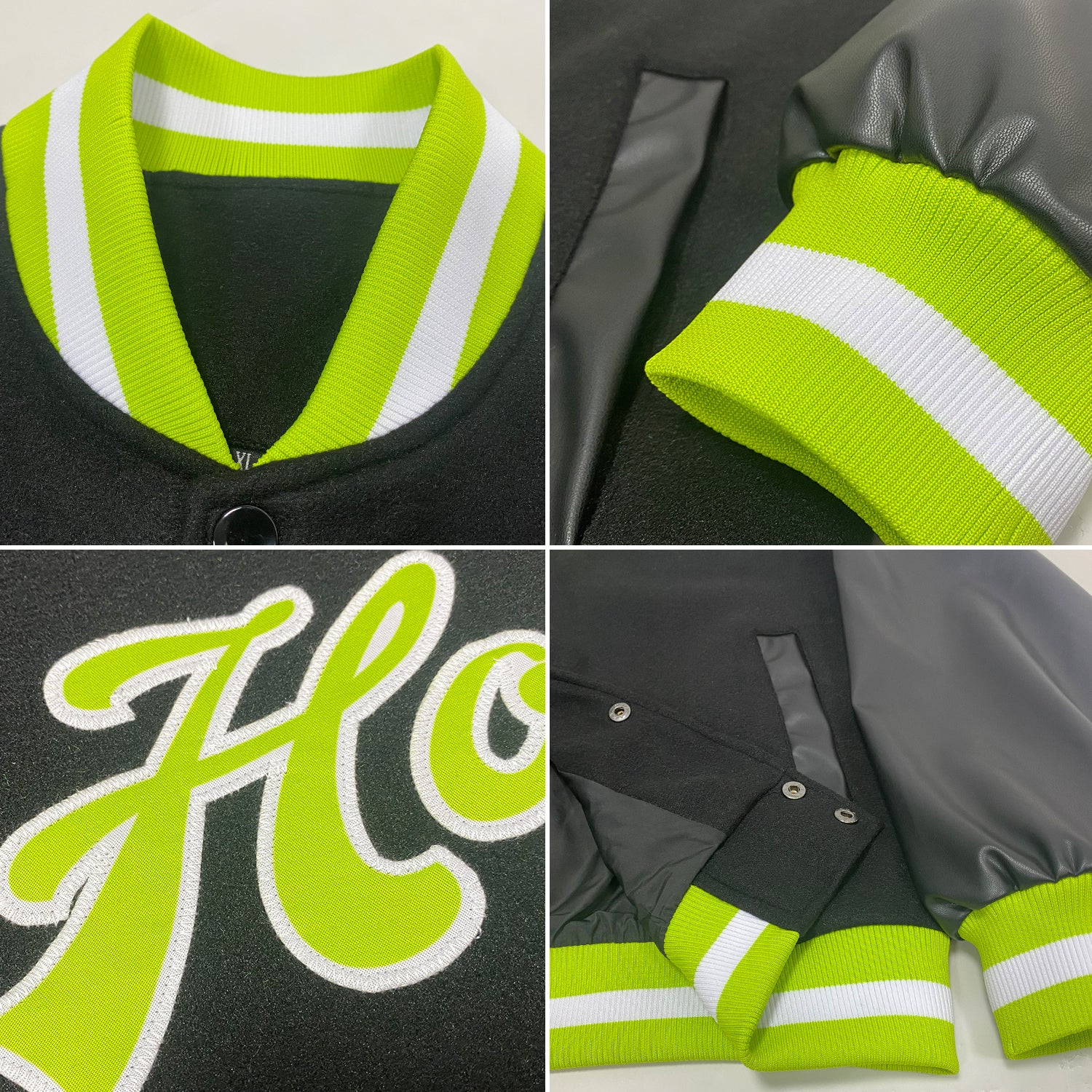 Custom Black Neon Green-White Bomber Full-Snap Varsity Letterman Jacket