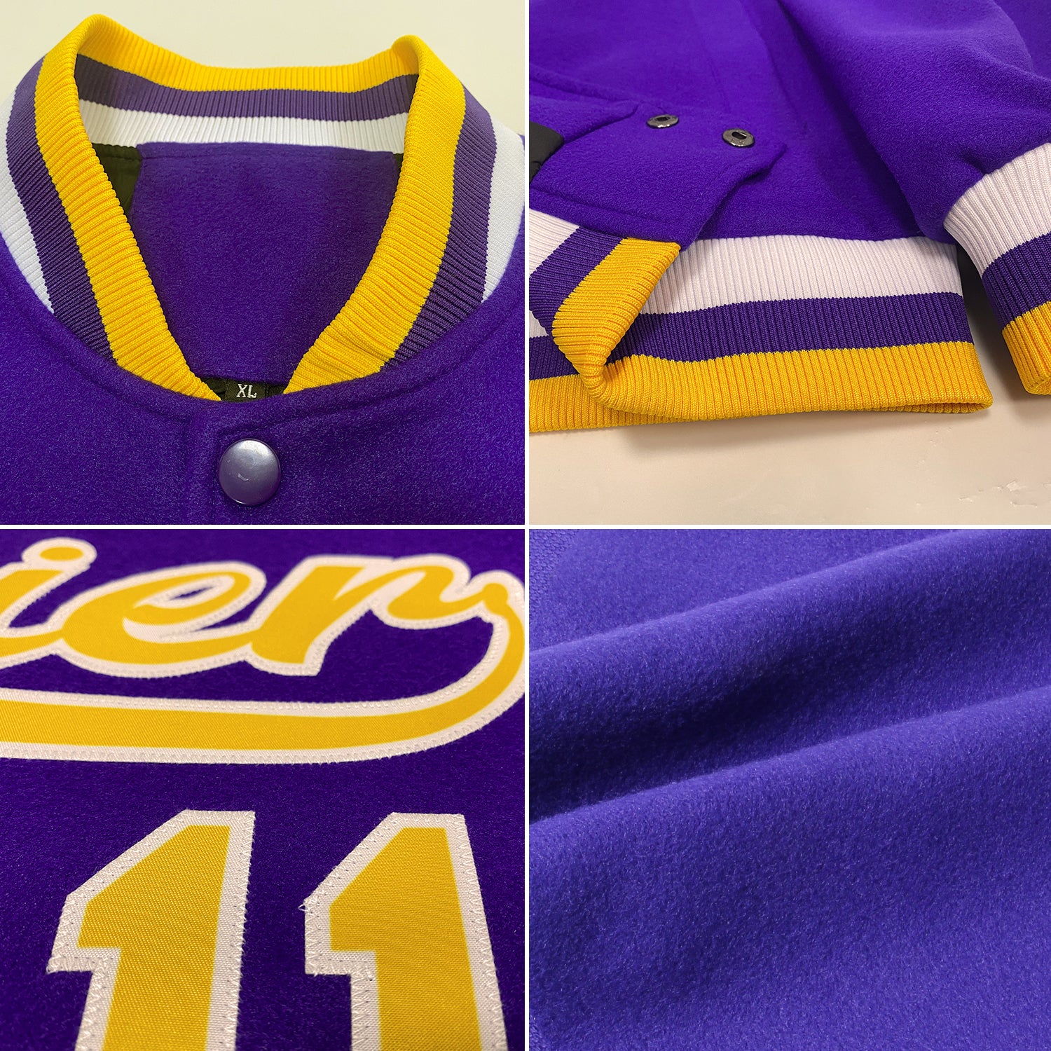 Custom Purple Gold-White Bomber Full-Snap Varsity Letterman Jacket