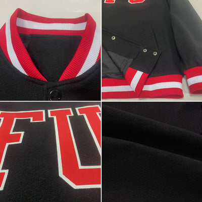 Custom Black Red-White Bomber Full-Snap Varsity Letterman Jacket