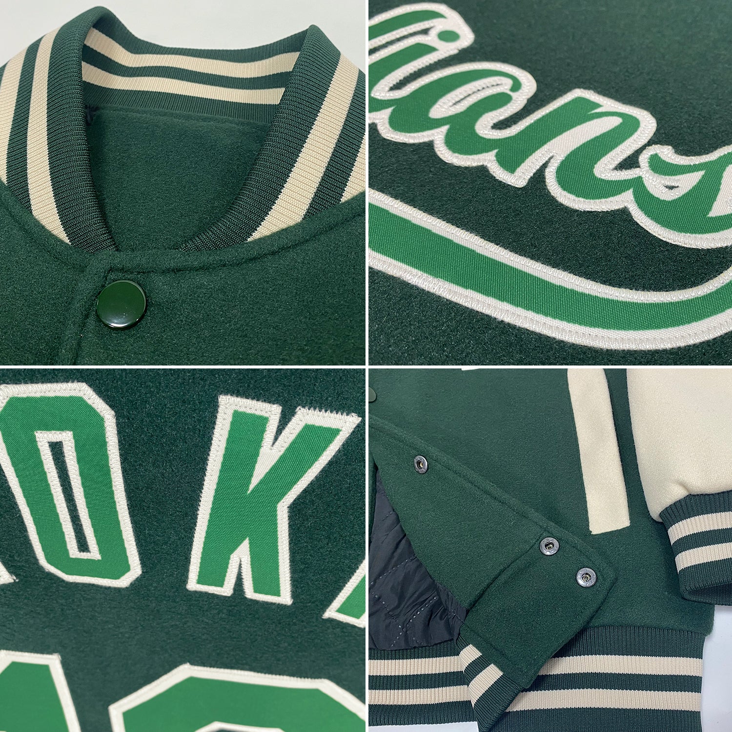 Custom Green Green-Cream Bomber Full-Snap Varsity Letterman Two Tone Jacket