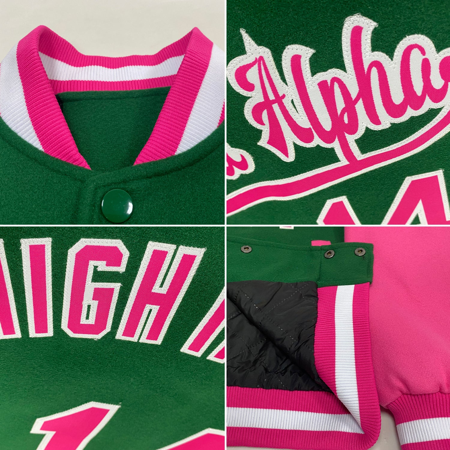 Custom Kelly Green Pink-White Bomber Full-Snap Varsity Letterman Two Tone Jacket