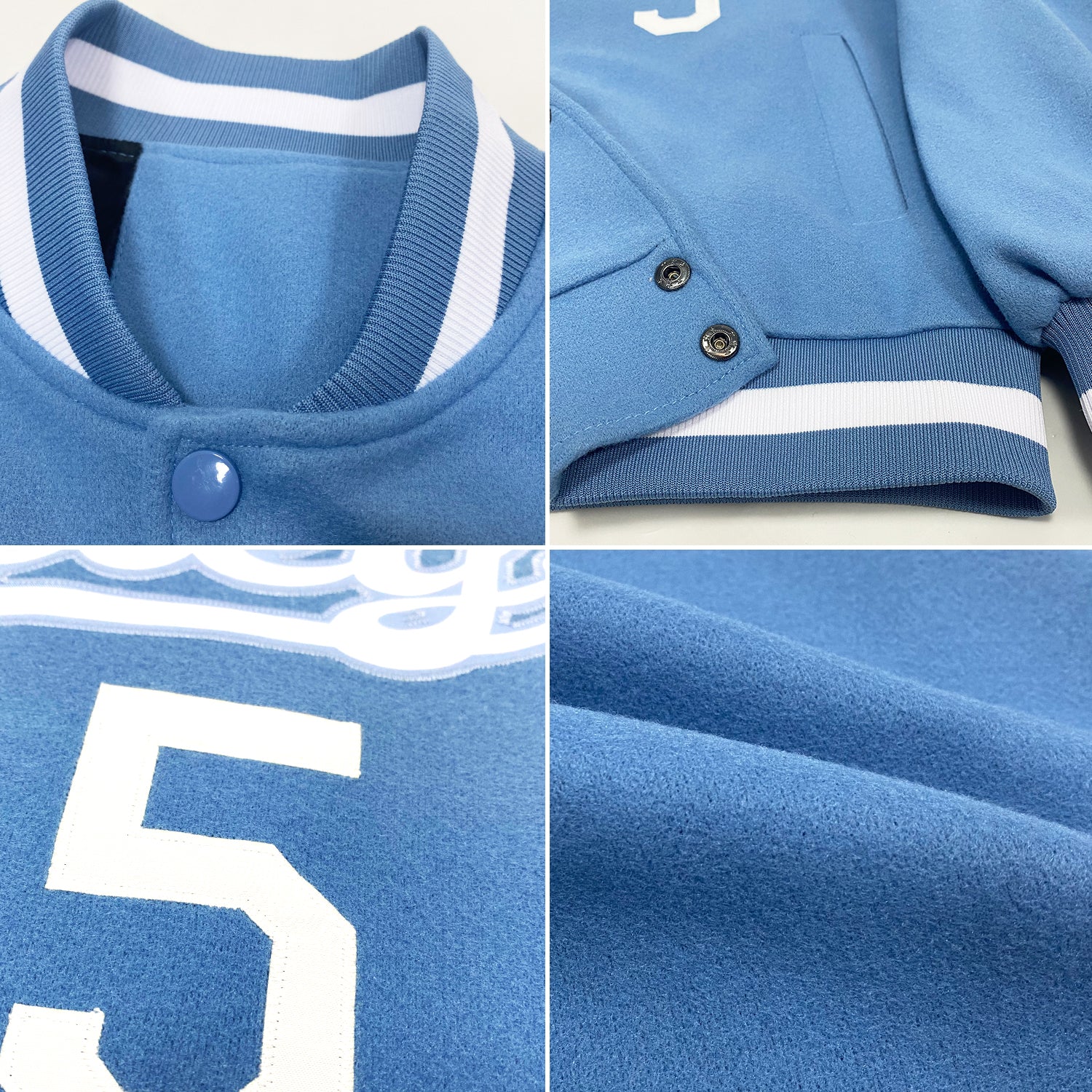 Custom Light Blue White Bomber Full-Snap Varsity Letterman Jacket