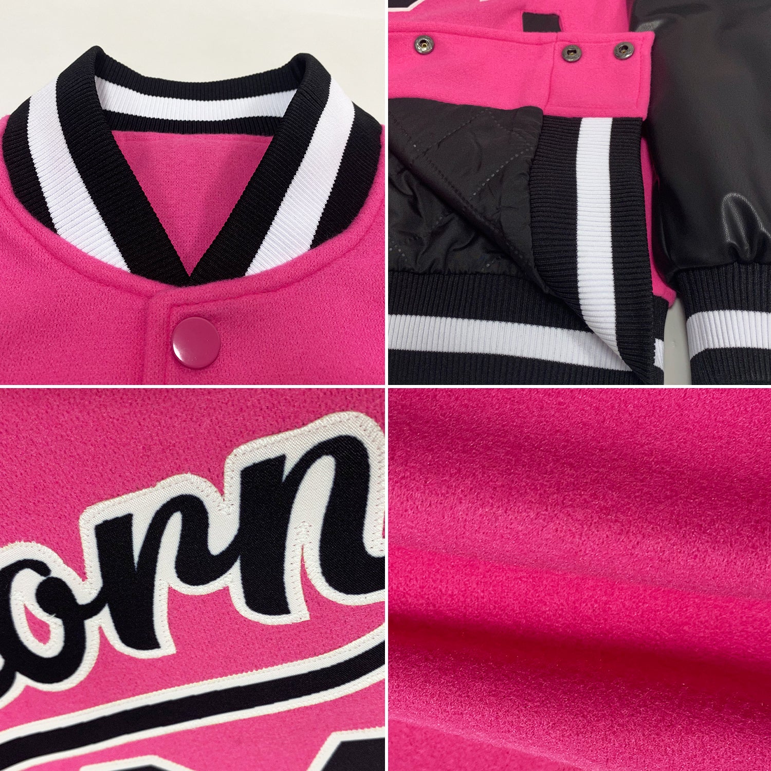 Custom Pink Black-White Bomber Full-Snap Varsity Letterman Two Tone Jacket