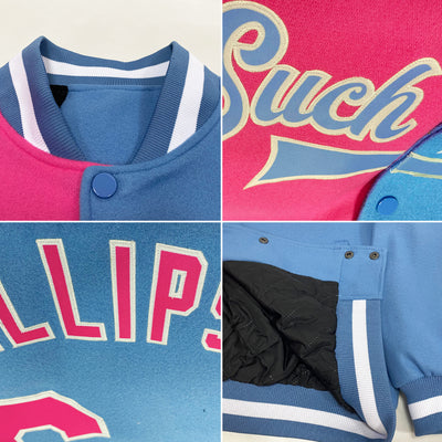 Custom Light Blue Pink-White Bomber Full-Snap Varsity Letterman Split Fashion Jacket