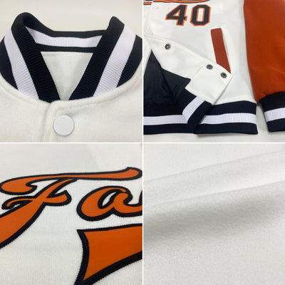 Custom White Black-Texas Orange Bomber Full-Snap Varsity Letterman Two Tone Jacket