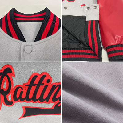 Custom Gray Black-Red Bomber Full-Snap Varsity Letterman Two Tone Jacket