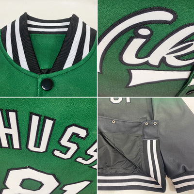 Custom Kelly Green White-Black Bomber Full-Snap Varsity Letterman Fade Fashion Jacket