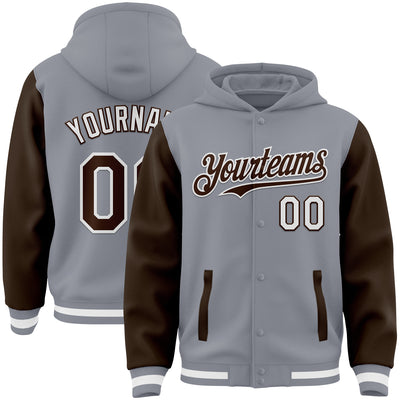 1Custom Gray Brown-White Bomber Full-Snap Varsity Letterman Two Tone Hoodie Jacket (Copy)