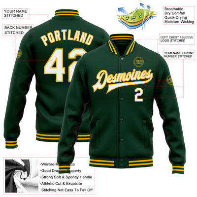 Custom Green White-Gold Bomber Full-Snap Varsity Letterman Jacket