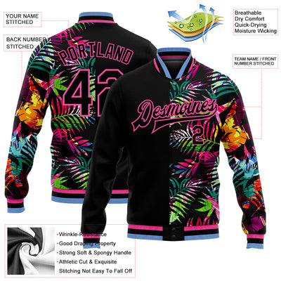 Custom Black Pink-Light Blue Hawaii Palm Trees 3D Bomber Full-Snap Varsity Letterman Jacket