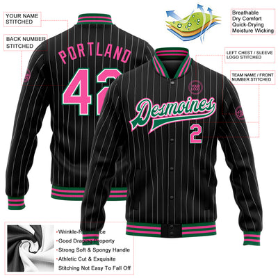 Custom Black White Pinstripe Pink-Kelly Green Bomber Full-Snap Varsity Letterman Jacket