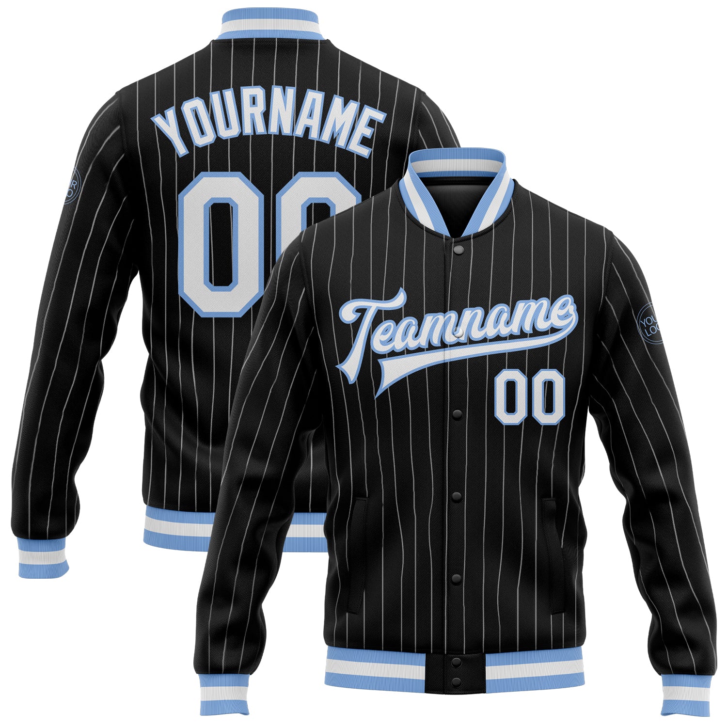 Custom Varsity Letterman Jacket White Black Pinstripe Light Blue Bomber Full-Snap Men's Size:L