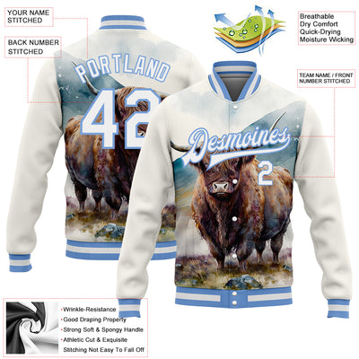 Custom White Light Blue A Bull In Tropical Exotic Jungle 3D Pattern Design Bomber Full-Snap Varsity Letterman Jacket