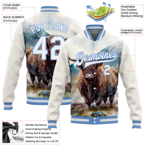 FANSIDEA Custom Varsity Letterman Jacket Lakes Blue Kelly Green-White Flamingo and Tropical Hawaii Palm Tree 3D Pattern Design Bomber Full-Snap Women's Size:S