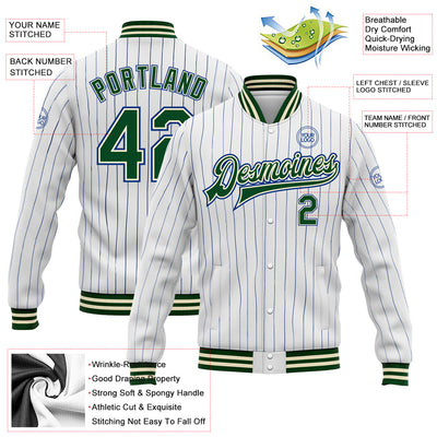 Custom White Royal Pinstripe Green-Cream Bomber Full-Snap Varsity Letterman Jacket