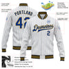 Custom White Royal Pinstripe Old Gold-Black Bomber Full-Snap Varsity Letterman Jacket