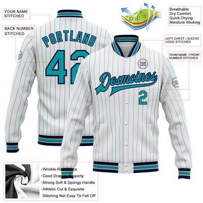 Custom White Teal Pinstripe Navy Bomber Full-Snap Varsity Letterman Jacket