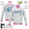 Custom White Teal Pinstripe Pink Bomber Full-Snap Varsity Letterman Jacket