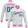 Custom White Teal Pinstripe Pink Bomber Full-Snap Varsity Letterman Jacket