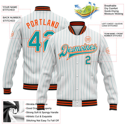 Custom White Teal Pinstripe Orange-Black Bomber Full-Snap Varsity Letterman Jacket