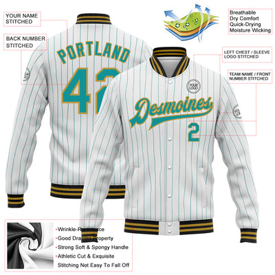 Custom White Teal Pinstripe Old Gold-Black Bomber Full-Snap Varsity Letterman Jacket