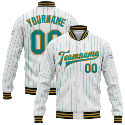 Custom White Teal Pinstripe Old Gold-Black Bomber Full-Snap Varsity Letterman Jacket