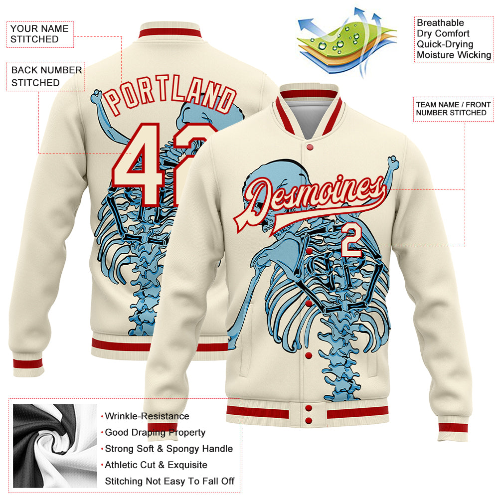 Custom Cream Red Skull Fashion 3D Bomber Full-Snap Varsity Letterman Jacket