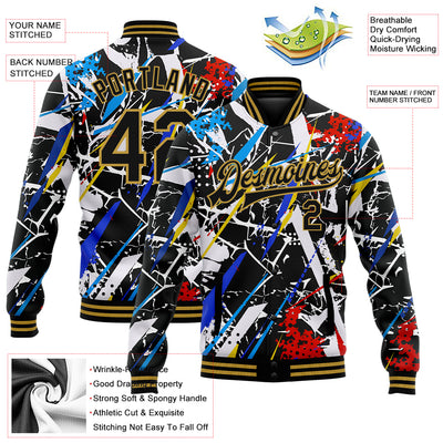 Custom Graffiti Pattern Black-Old Gold Grunge Art 3D Bomber Full-Snap Varsity Letterman Jacket