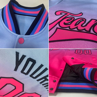 Custom Aqua Pink-Black Bomber Full-Snap Varsity Letterman Fade Fashion Jacket