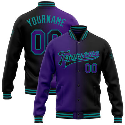 Custom Black Purple-Teal Bomber Full-Snap Varsity Letterman Gradient Fashion Jacket