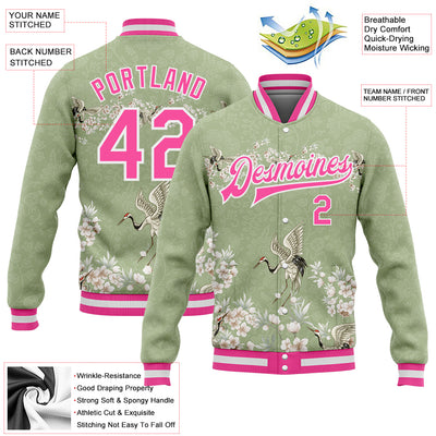 Custom Green Pink-White Flower And Crane 3D Pattern Design Bomber Full-Snap Varsity Letterman Jacket