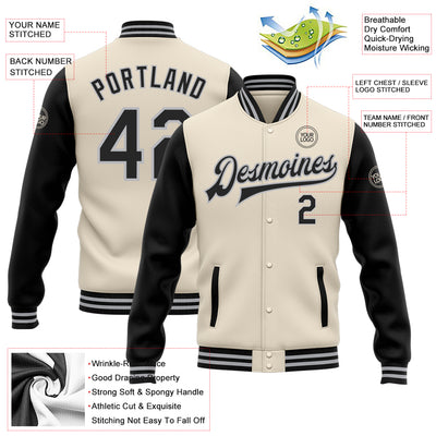 Custom Cream Black-Gray Bomber Full-Snap Varsity Letterman Two Tone Jacket