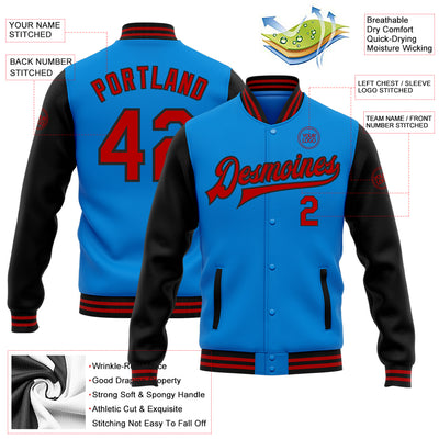 Custom Powder Blue Red-Black Bomber Full-Snap Varsity Letterman Two Tone Jacket