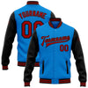 Custom Powder Blue Red-Black Bomber Full-Snap Varsity Letterman Two Tone Jacket