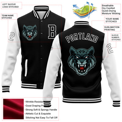 Custom Black White 3D Pattern Design Bomber Full-Snap Varsity Letterman Jacket