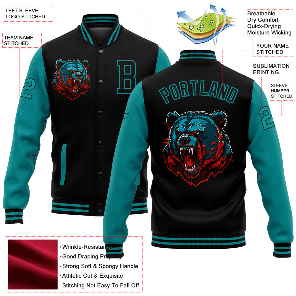 Custom Black Teal 3D Pattern Design Bomber Full-Snap Varsity Letterman Jacket