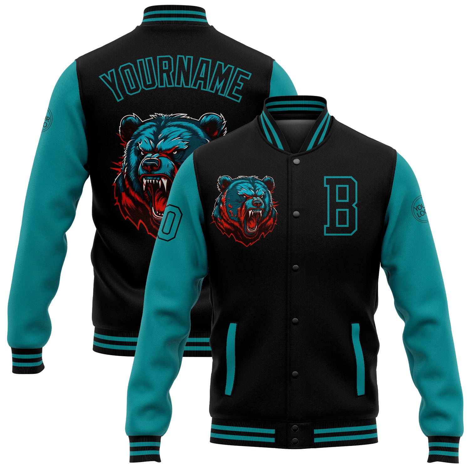 Custom Black Teal 3D Pattern Design Bomber Full-Snap Varsity Letterman Jacket