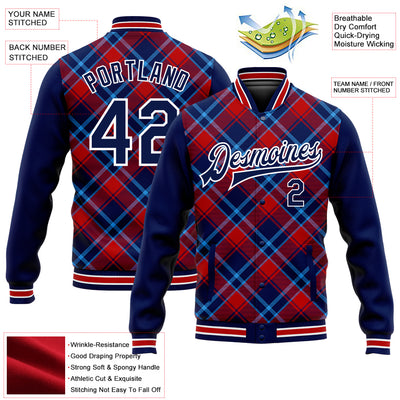 Custom Navy Red-Light Blue Check Board 3D Pattern Design Bomber Full-Snap Varsity Letterman Jacket